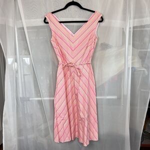 London Times striped midi dress size 4 waist tie preppy classic feminine pink